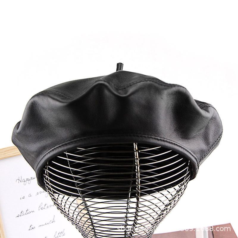 Leather womens beanie with black beret crown