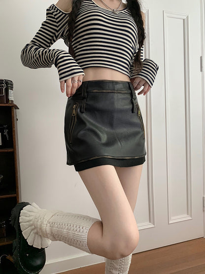 Women Brown PU High Waisted Leather Mini Skirt