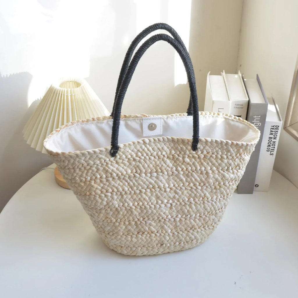 Hand Woven Straw Bucket Tote Bag Off white