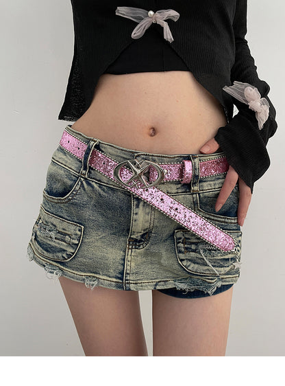 Glitter Belt Faux Leather With Star Buckle