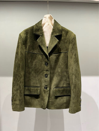 Olive Green Suede Leather Blazer for Women