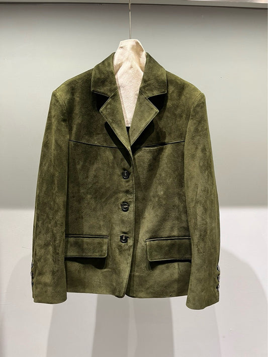 Olive Green Suede Leather Blazer for Women