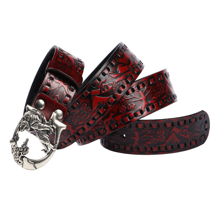 Women punk embossed leather tiger buckle belt