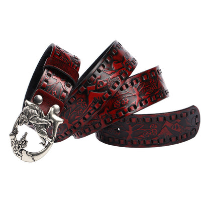 Women punk embossed leather tiger buckle belt