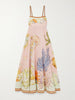 Pink Ocean Print Spaghetti-Strap Empire-Waist Smocked-Back Maxi Dress