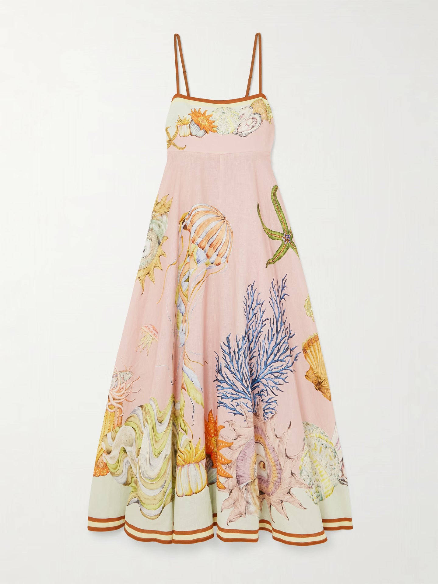 Pink Ocean Print Spaghetti-Strap Empire-Waist Smocked-Back Maxi Dress