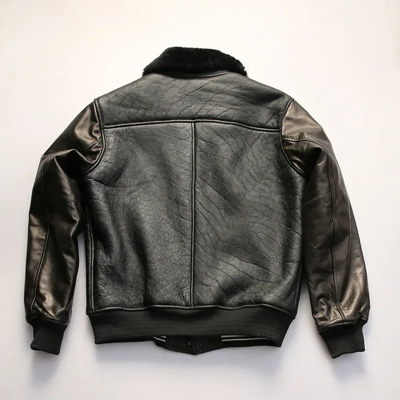 Men’s Black Leather Bomber Jacket with Real Shearling Collar