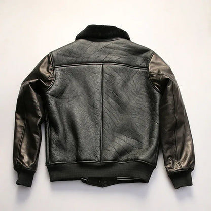 Men’s Black Leather Bomber Jacket with Real Shearling Collar