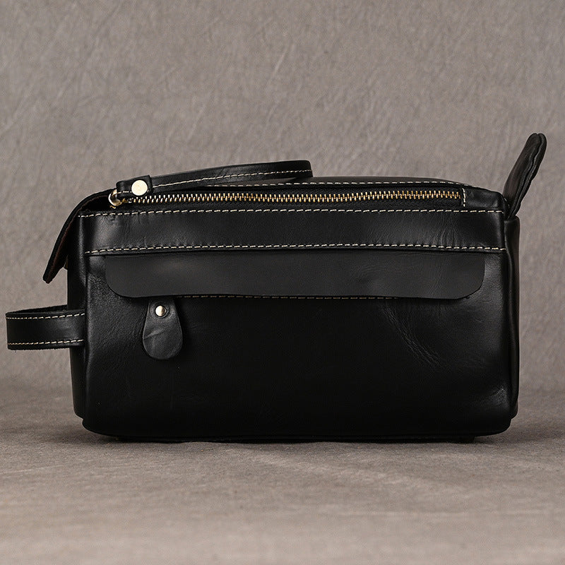 Men’s Genuine Leather Toiletry Bag with Handle and Front Pocket