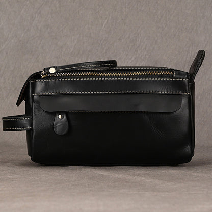 Men’s Genuine Leather Toiletry Bag with Handle and Front Pocket