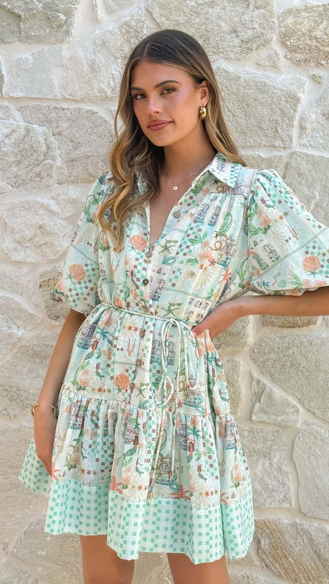 Linen floral print waist tie short dress