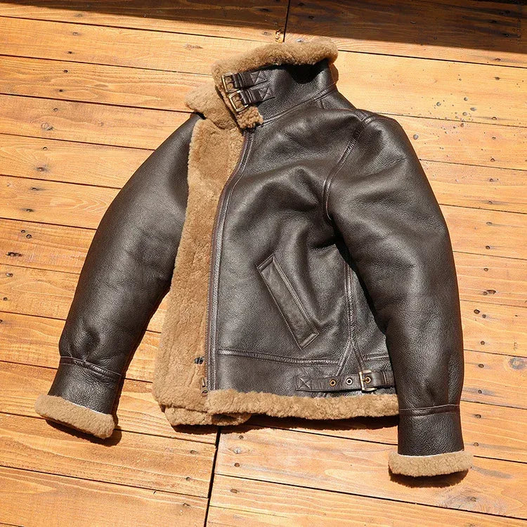 Men’s Real Shearling Fur Leather Aviator Flight Jacket
