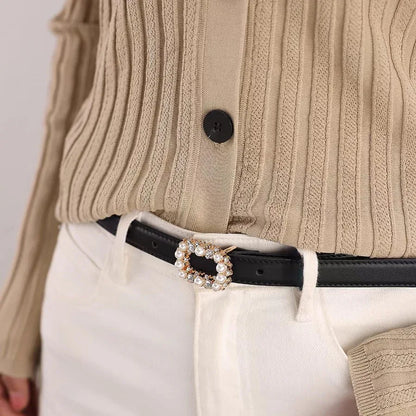 Women Pearl Buckle Split Cowhide Thin Leather Belt Style 1 Black
