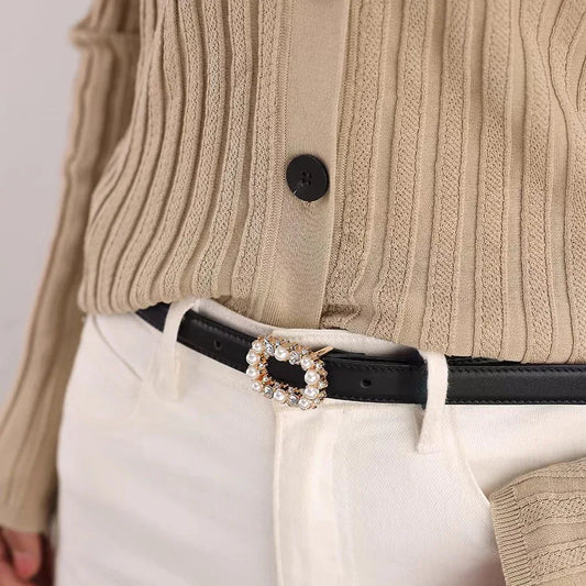 Women Pearl Buckle Split Cowhide Thin Leather Belt Style 1 Black