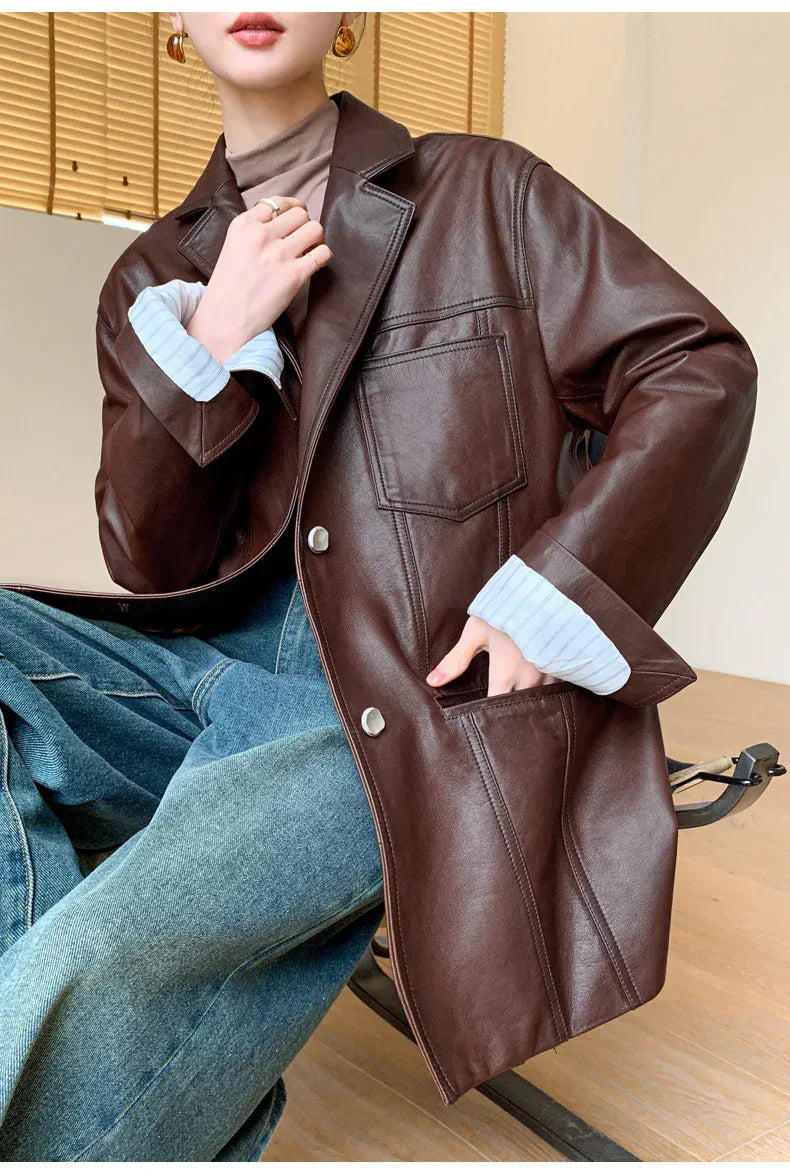 Women Oversized Genuine Leather Jacket Moto Blazer