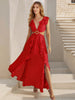 Red Ruffle Cutout Maxi Dress with Front Slit