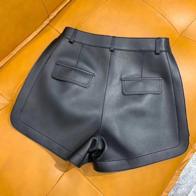 Women Genuine Leather Workwear Shorts High Waisted