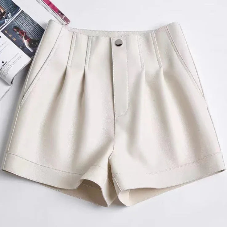 High waisted sheepskin leather shorts for summer women White S