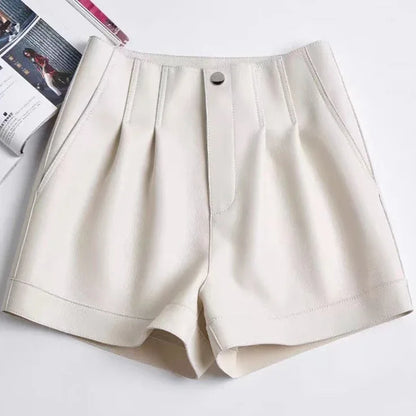 High waisted sheepskin leather shorts for summer women White S
