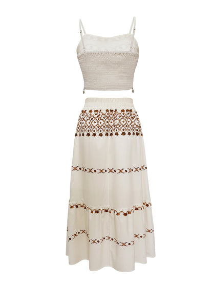 Bohemian Two-Piece Tassel Embroidered Crop Top & Maxi Skirt