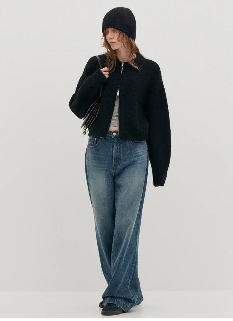 Women low waist zip cardigan knit outerwear