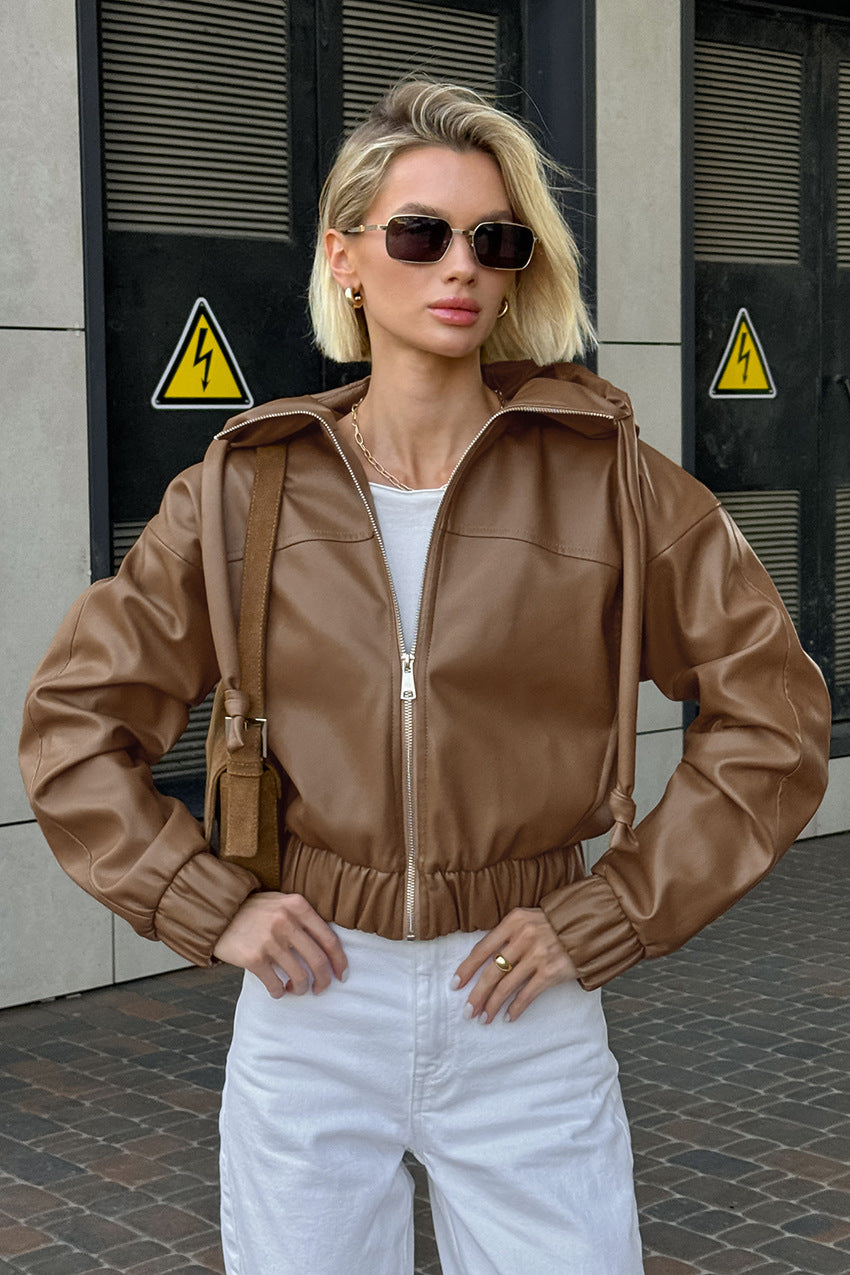 Faux Leather Hooded Jacket Women Zip-Up Street Casual