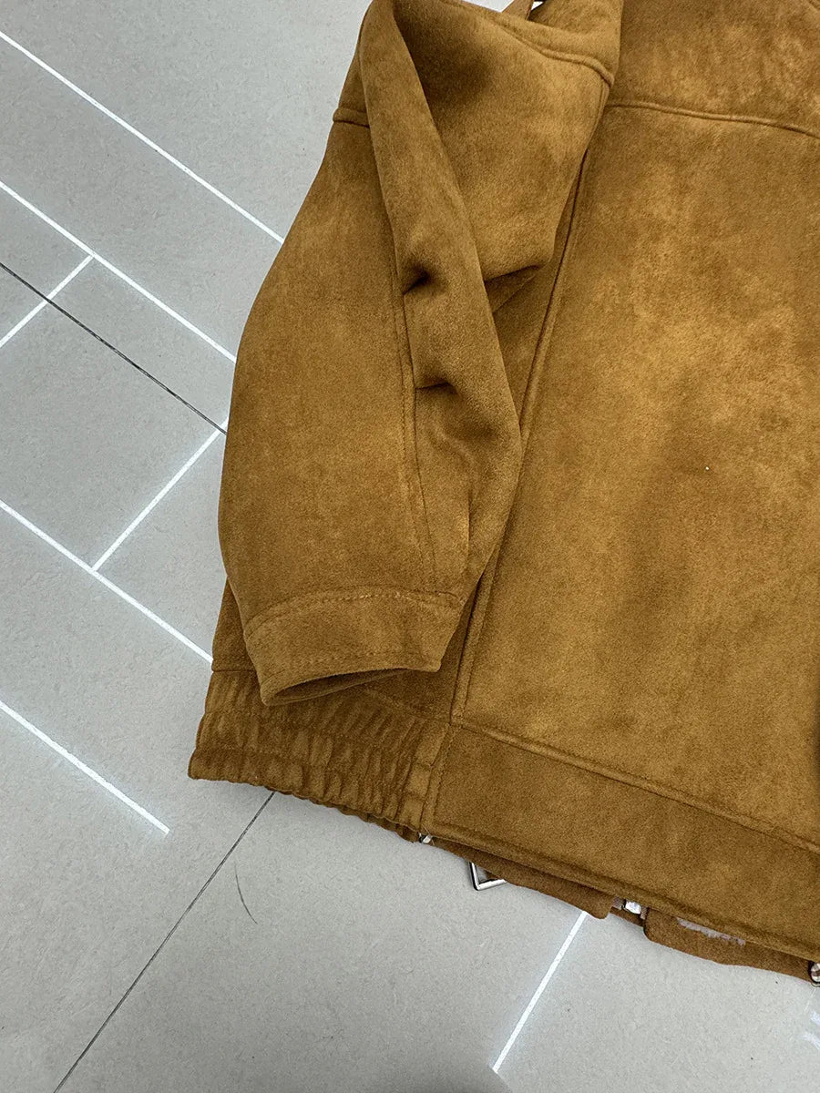 Women Suede Lambswool Real Fur Moto Jacket