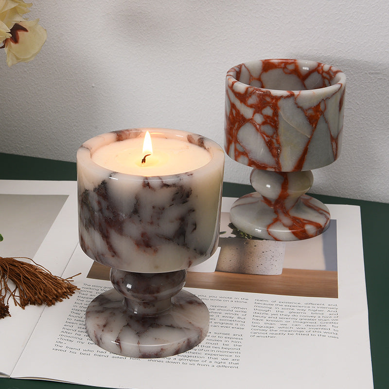 Natural Marble Goblet Candle Holder with Rounded Stem and Red Veining