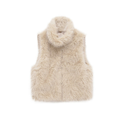 Women faux fur stand collar zipper vest