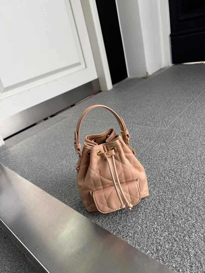 Small Quilted Leather Bucket Shoulder Bag for Women