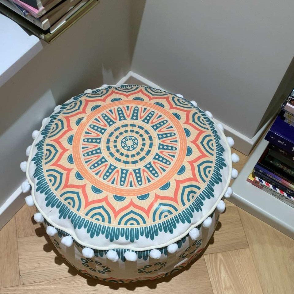 Pouffe Stool with Bohemian Geometric Print and Pom Pom Trim