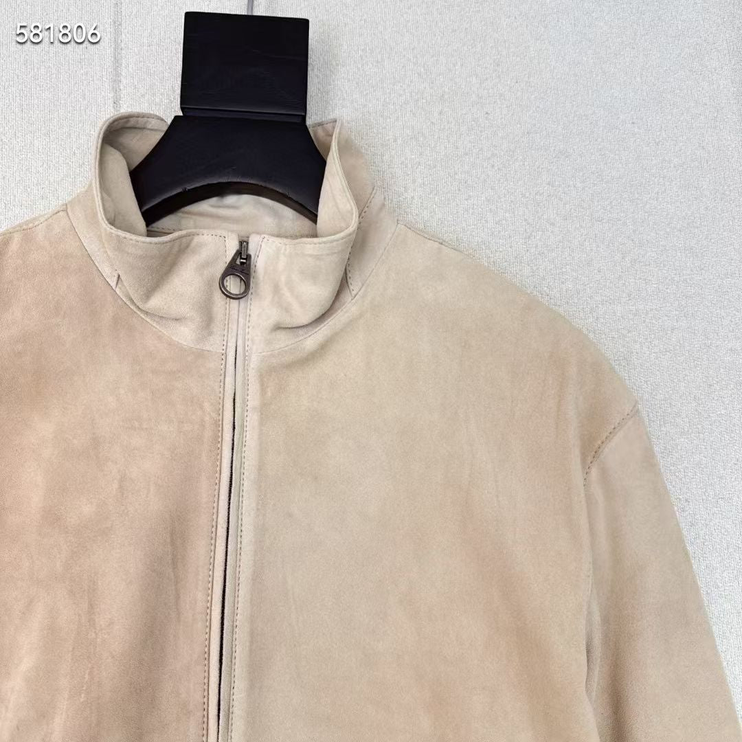 Women Beige Suede Bomber Jacket Real Suede Zip-Up Coat