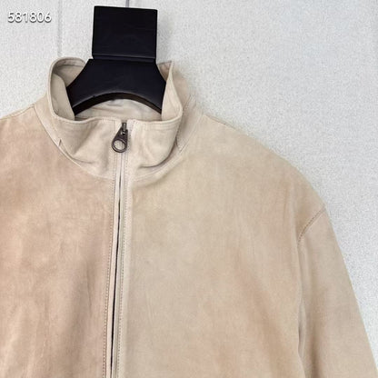 Women Beige Suede Bomber Jacket Real Suede Zip-Up Coat