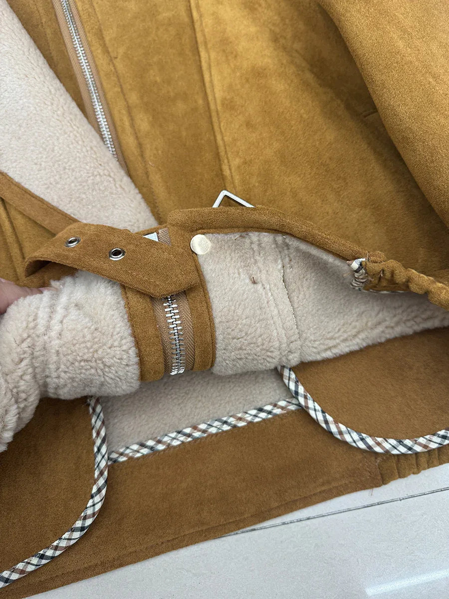 Women Suede Lambswool Real Fur Moto Jacket