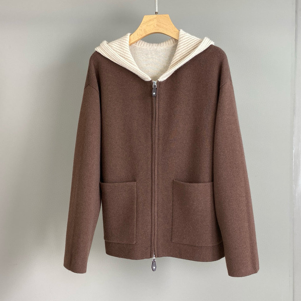 Women Cashmere Wool Hooded Sweater Zip Front Knitted Cardigan