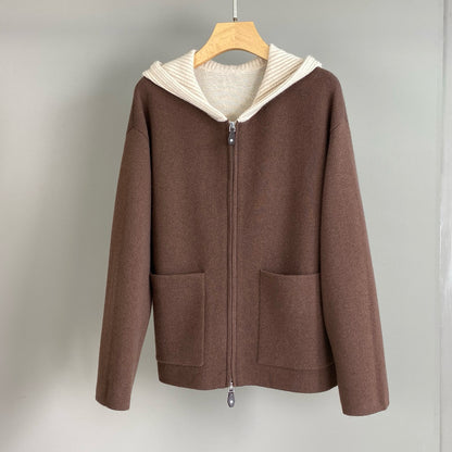 Women Cashmere Wool Hooded Sweater Zip Front Knitted Cardigan