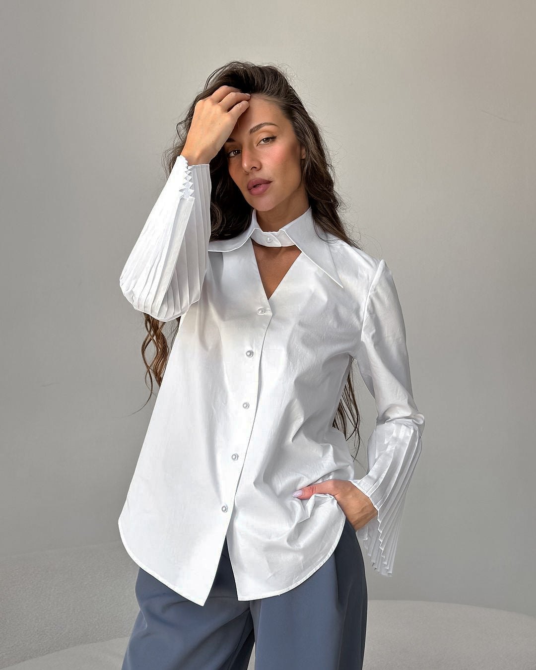 Women Trumpet Sleeve Cotton Shirt with Choker Neckline