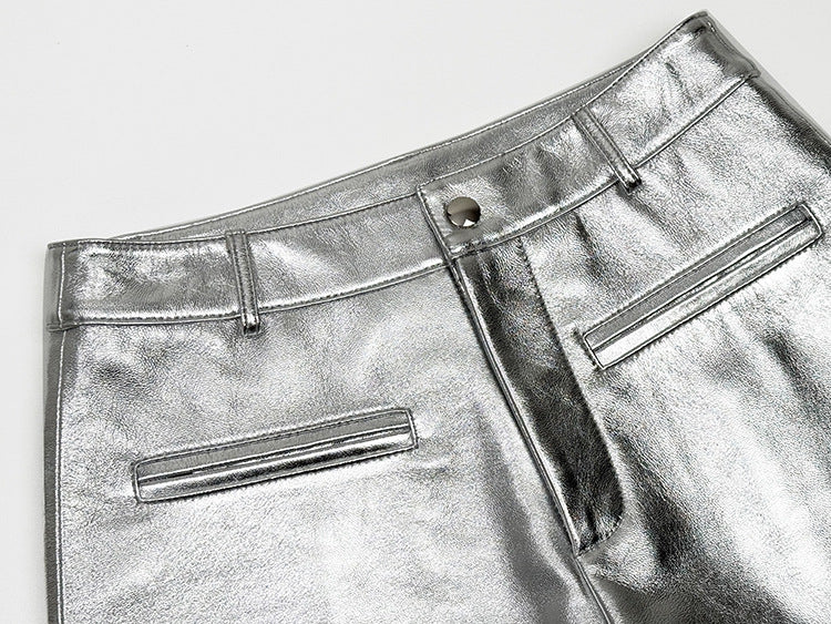 Women’s Silver Leather Mid-Rise  Shorts