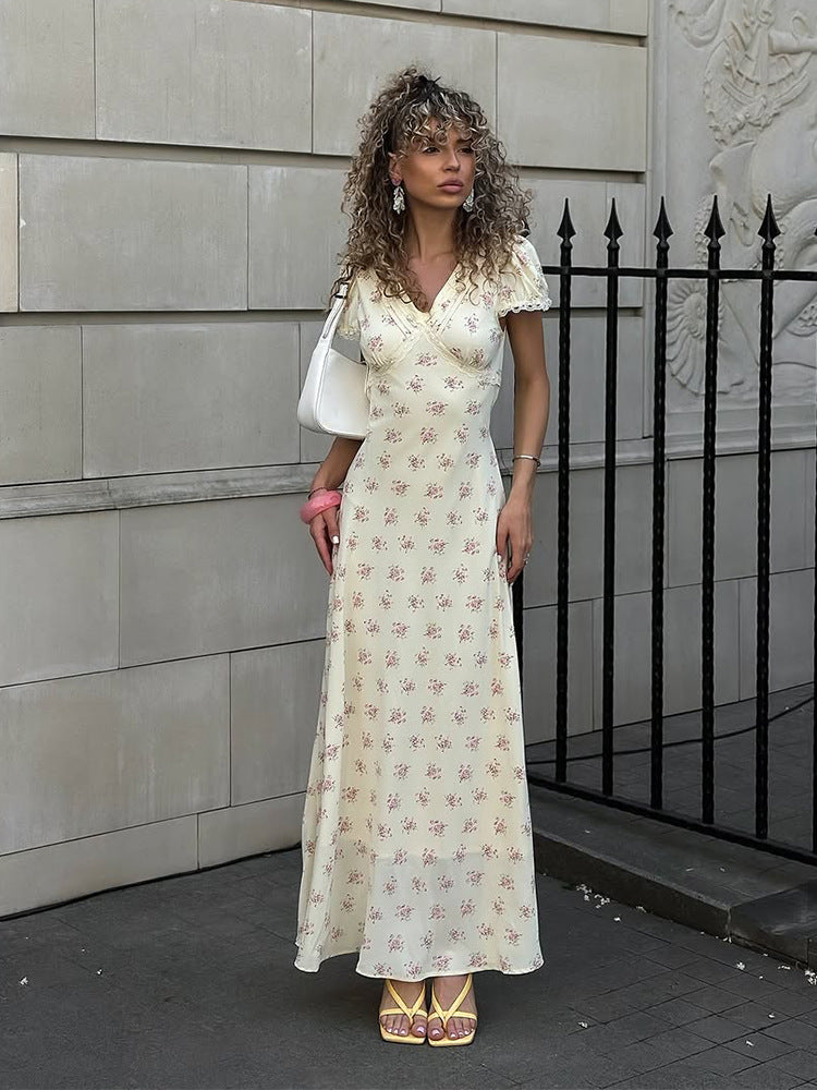 French floral v neck puff sleeve maxi dress