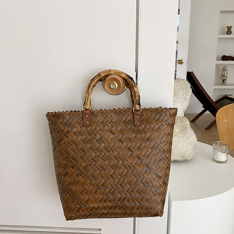 Large Rattan Beach Tote Bag with Bamboo Handles