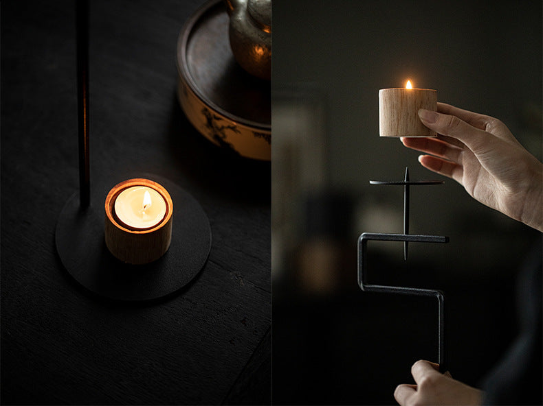 Black Wrought Iron Candle Stand with Wooden Cup – 45 cm