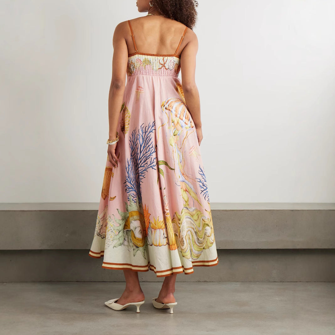 Pink Ocean Print Spaghetti-Strap Empire-Waist Smocked-Back Maxi Dress