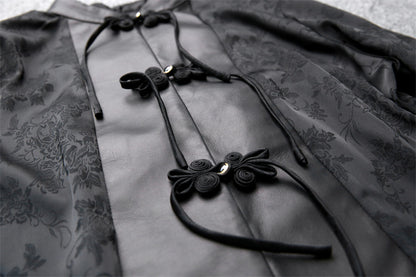 Leather Top for Women with Jacquard Sleeves and Mandarin Collar