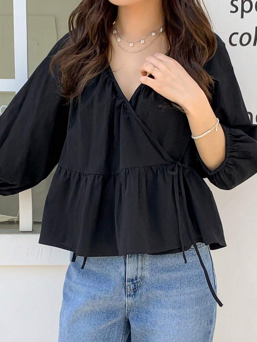 Tie Side Bishop Sleeve Wrap Peplum Blouse Shirt