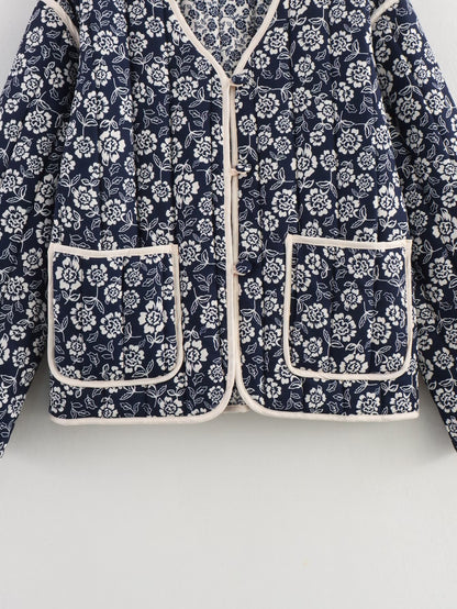 Women Floral Quilted Cotton Jacket Navy White