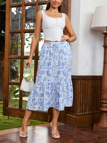 Drawstring waist skirt with blue floral print