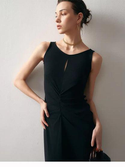 black sleeveless pleated cotton midi dress
