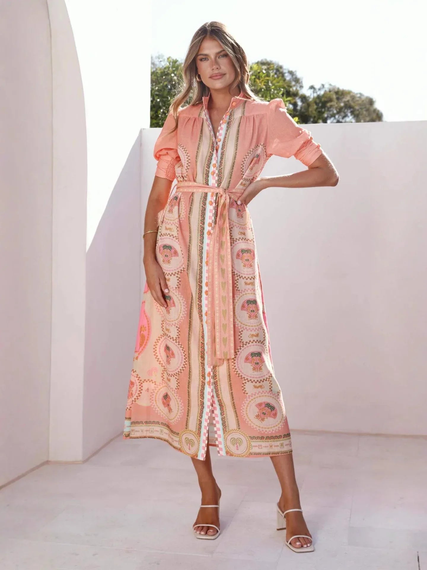 Peach print linen waist tie maxi dress