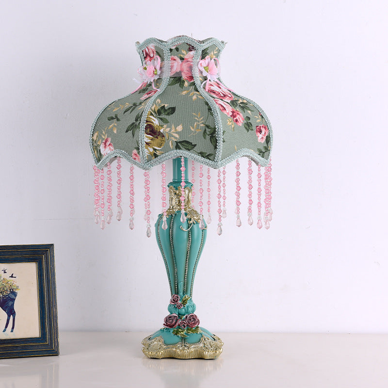 Floral victorian green fabric beaded table lamp