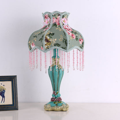 Floral victorian green fabric beaded table lamp